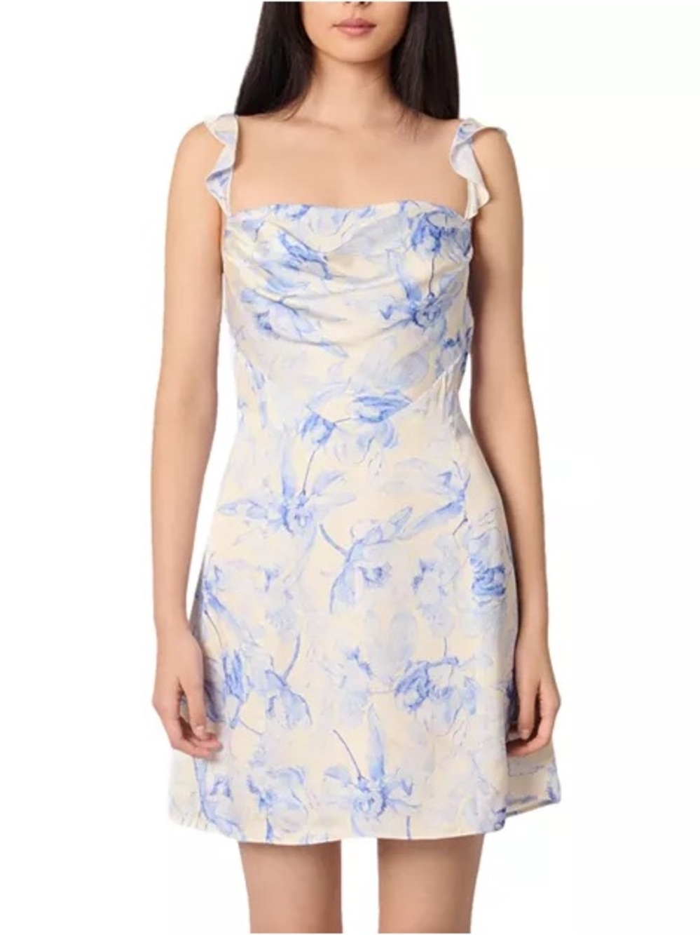Maje Blue Floral Cowl-Neck Mini Dress on Cream